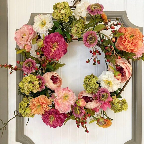 Mixed Peony Wreath on Faux Grapevine  24" - Picture 3 of 4